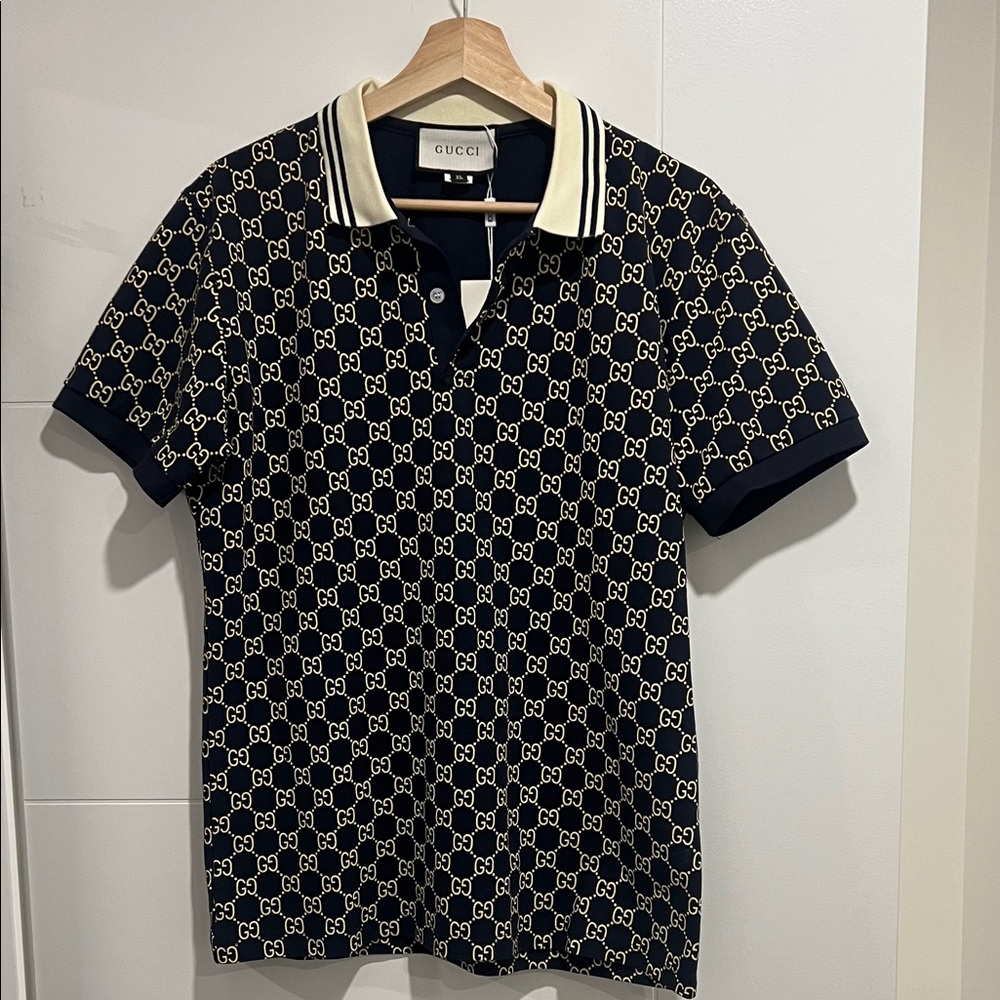 Gucci Men's Navy and Cream GG Polo Shirt